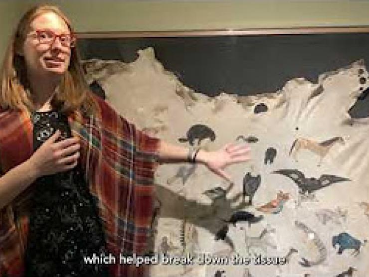 A woman lecturing in front of a hide painted with images of animals