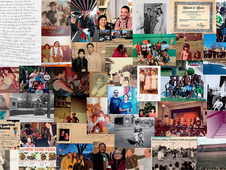 Collage of donated photos from Sun Valley community members. Family photos, handwritten letters, and newspaper clippings are included.
