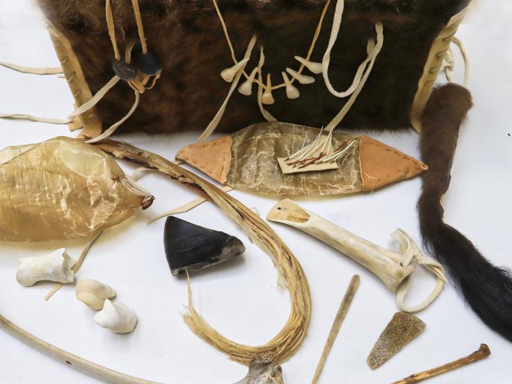 Bison artifact kit filled with tools made from bones, hooves, and fur.