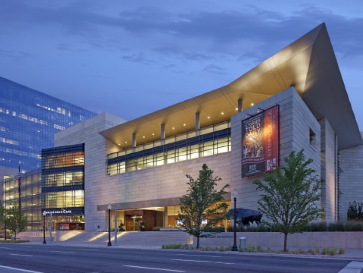 A photo of the History Colorado Center in the evening