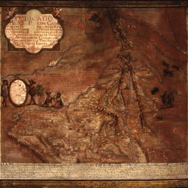 Stylized dark brown map with illustrations of Indigenous people, Spanish settlers, mountains, and various wildlife in New Mexico.