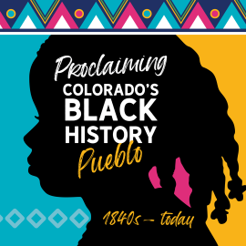 Proclaiming Colorado’s Black History Pueblo, a blue, purple, and yellow patterned background is foregrounded by the silhouette of a young Black girl.